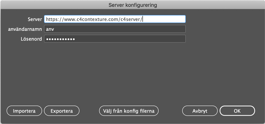 Serverinställningar i InDesign Plug-in:et för C4 Contexture